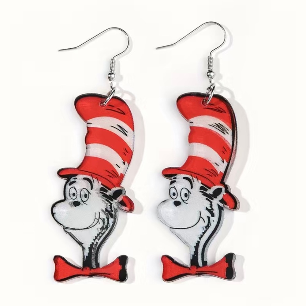 The‎ cat in the hat acrylic clear/red/black dangle earrings